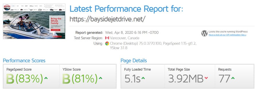 Bayside Jet Drive pagespeed result